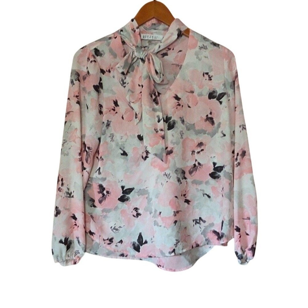 Kasper Women Pink Floral Tie Neck Bow Blouse Long Sleeve PM 525P73D8337